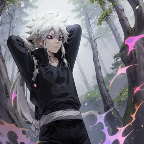 Indra, masterpiece, best quality, 1boy, white hair, black shirt, black shorts, long ponytail, blind eyes, short eyebrows, (purple aura:1.4, particles), forest, upper body, (night), fog, arms behind head, looking away 