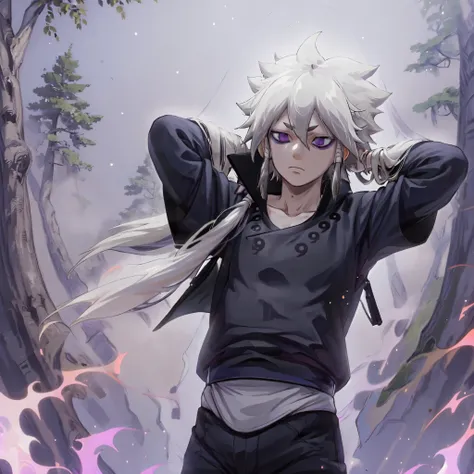 Indra, masterpiece, best quality, 1boy, white hair, black shirt, black shorts, long ponytail, blind eyes, short eyebrows, (purple aura:1.4, particles), forest, upper body, (night), fog, arms behind head, looking away 