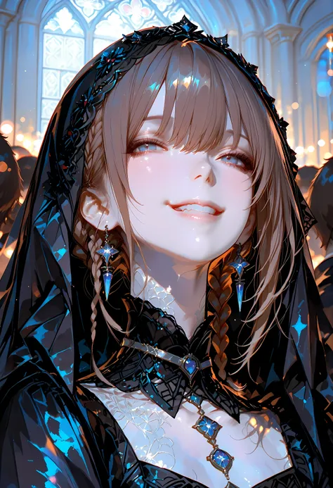 ((black veil ))、graceful behavior、big smile、Dark Dawn、holy church background、Destruction,High Quality、portrait、Photo、HDR、bokeh effect、Delicate Hues,((最High Quality)), (very detailed), (High Definition CG Composite 8K Wallpaper), 高いly detailed, 高い-definiti...