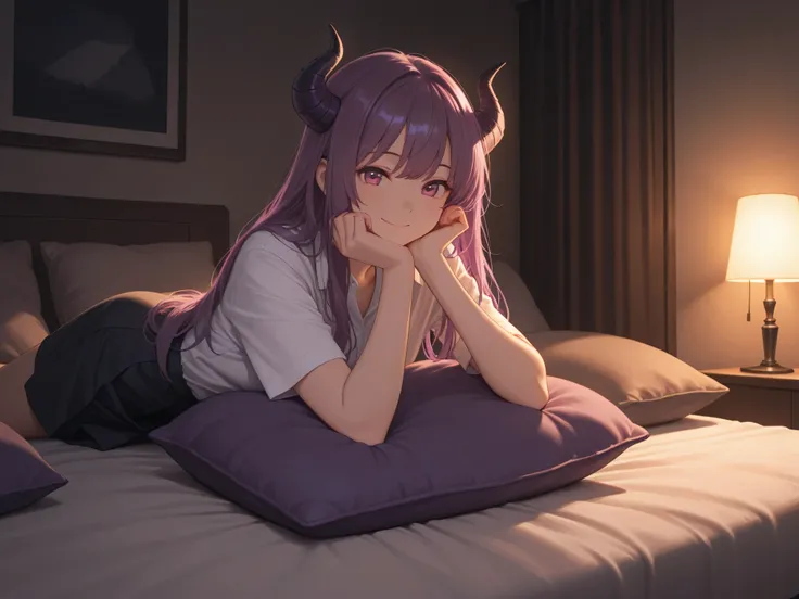 one girl,purple hair,long hair,Demon Horns,Smile,in person,cushions,Room,,Interior lighting,High Quality,4K,Details Precise,HDR,Professional