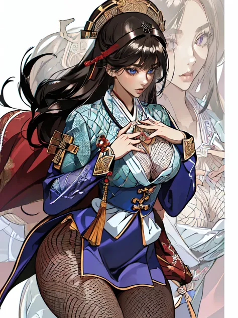 ((no background))), (((Create images up to the thigh))), (((The image above the head is not cropped))), (((female))), 삼국지 시대의 female, (Big breasts), ((exposure costume)), (((Exposing the chest bone))), (((Three Kingdoms costume ))), (((Solo))), ((fishnet s...