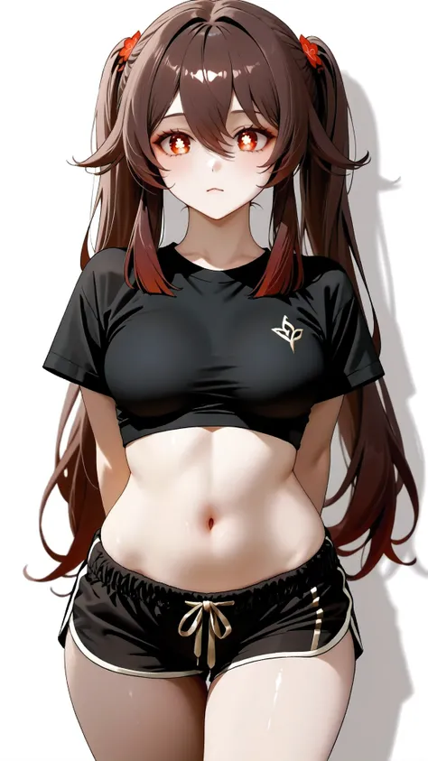 Hu_Tao_(Genshin_Impact), red_eyes, brown_hair, long_hair, twintails, symbol-shaped_pupils, Hu Tao, Genshin Impact, with a white background,intricate_details_xl, masterpiece, extremely detailed, 16k, solo, semi realistic, 1girl, adult ,((fullbody)), 1girl, ...