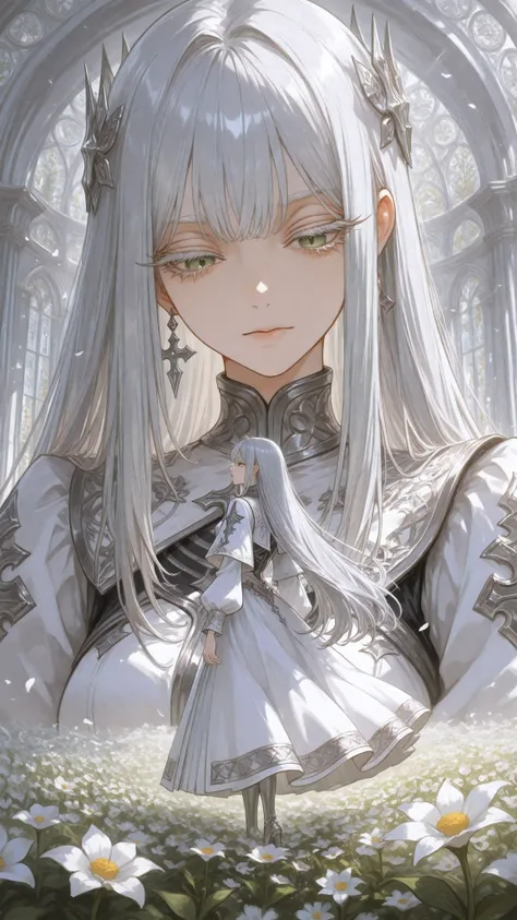 1 mulher, only, bonito, close up shot, sorriso triste , pele radiante, seios grandes,Acesonlyrios vanilla flower in your hair, extremely long straight silver hair, franja repartida,  refined appearance , long sleeve white dress used, lindos olhos roxos, lo...