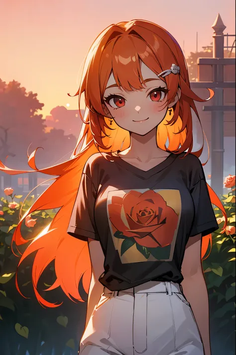 one woman、solo、orange hair、straight long hair、Beautiful red eyes、big　Smile、upper body close-up、rose pattern t-shirt 、white pants、rose garden with a pastel color vibe、sunset sky、Wide grassland