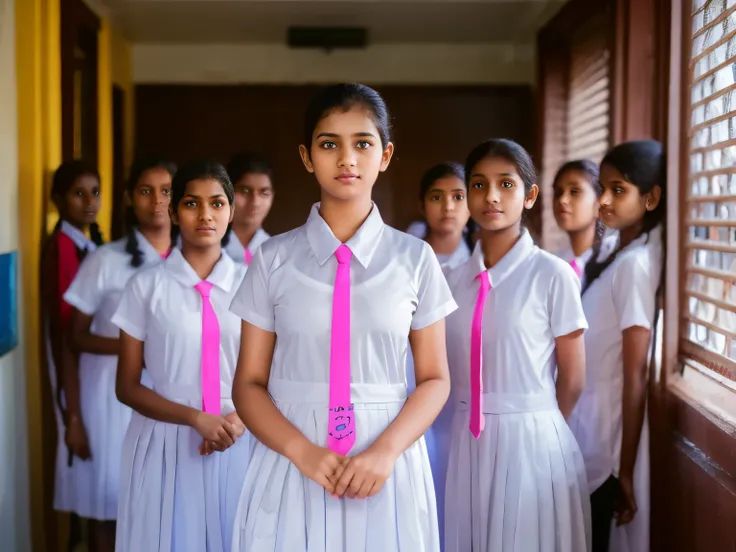Sri Lanka girls, multiple girls, posing medium breasts, standing in the classroom,detailed white frock, color tie, , cinematic lighting, hyperrealistic, photorealistic, 8k, masterpiece, warm colors, natural lighting, 