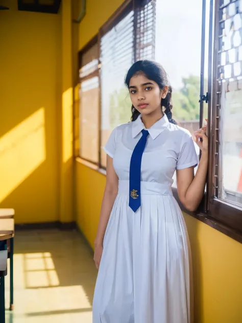 Sri Lanka girl , medium breasts, standing in the classroom,detailed white frock, color tie, , cinematic lighting, hyperrealistic, photorealistic, 8k, masterpiece, warm colors, natural lighting, 