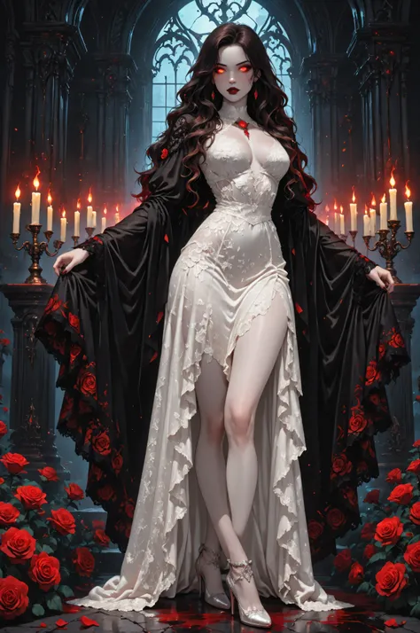 Dark anime fantasy art, goth art, a picture of a female vampire, exquisite beauty, full body shot, dark glamour shot, pale white skin, dark blond hair, long hair, wavy hair, dark red lips, glowing eyes, she wears a white and red lace dress, red roses are o...