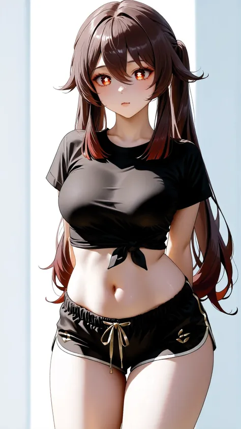 Hu_Tao_(Genshin_Impact), red_eyes, brown_hair, long_hair, twintails, symbol-shaped_pupils, Hu Tao, Genshin Impact, with a white background,intricate_details_xl, masterpiece, extremely detailed, 16k, solo, semi realistic, 1girl, adult ,((fullbody)), 1girl, ...