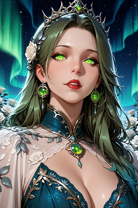 dungeon and dragon ,fantasy,Movie Still,Film Still,Cinematic,Cinematic Shot,Cinematic Lighting,a picture of a goddess of roses, under magical aurora in the night sky, aurora in many shades of blue, green and azure, wearing battle dress, glamorous dress, (...