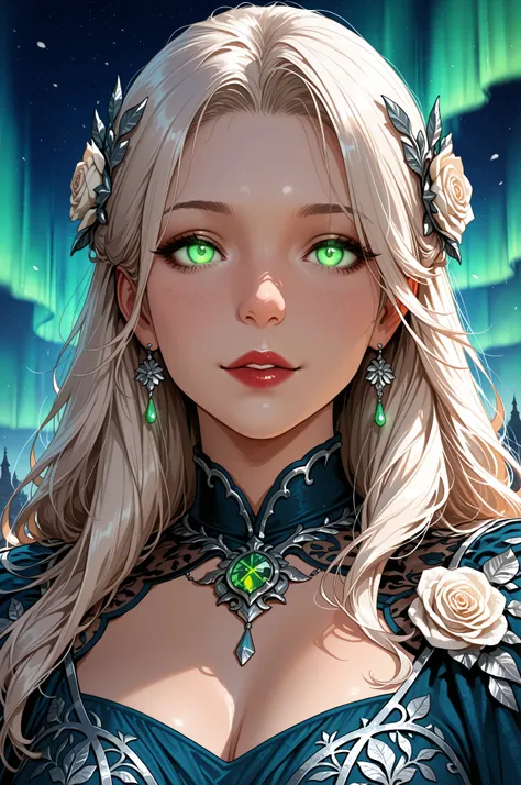 dungeon and dragon ,fantasy,Movie Still,Film Still,Cinematic,Cinematic Shot,Cinematic Lighting,a picture of a goddess of roses, under magical aurora in the night sky, aurora in many shades of blue, green and azure, wearing battle dress, glamorous dress, (...