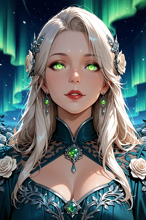 dungeon and dragon ,fantasy,Movie Still,Film Still,Cinematic,Cinematic Shot,Cinematic Lighting,a picture of a goddess of roses, under magical aurora in the night sky, aurora in many shades of blue, green and azure, wearing battle dress, glamorous dress, (...