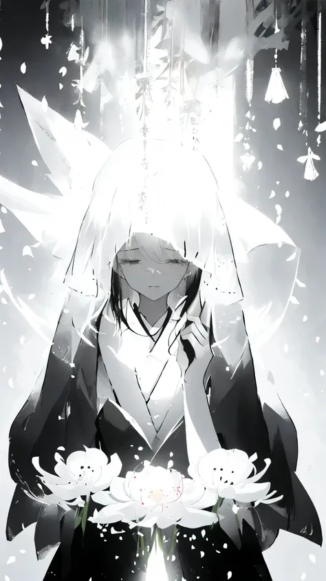 (masterpiece, best quality), 9:16 vertical portrait, 3/4 angle, a young woman wearing a thin translucent flowing veil, soft japanese watercolor illustration, pastel brushwork, muted grayscale outer layer showing quiet sorrow, while beneath the veil a warm ...