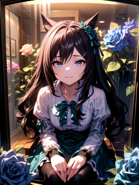 (Rozen Maiden, dark green long skirt-type tights outfit with a rose motif, roses blooming, midnight: 1.5), (blue eyes, brown hair, long wavy hair, ahoge, happy expression, cute gesture while sitting and leaning forward, hiding arms, child-making sex, vagin...