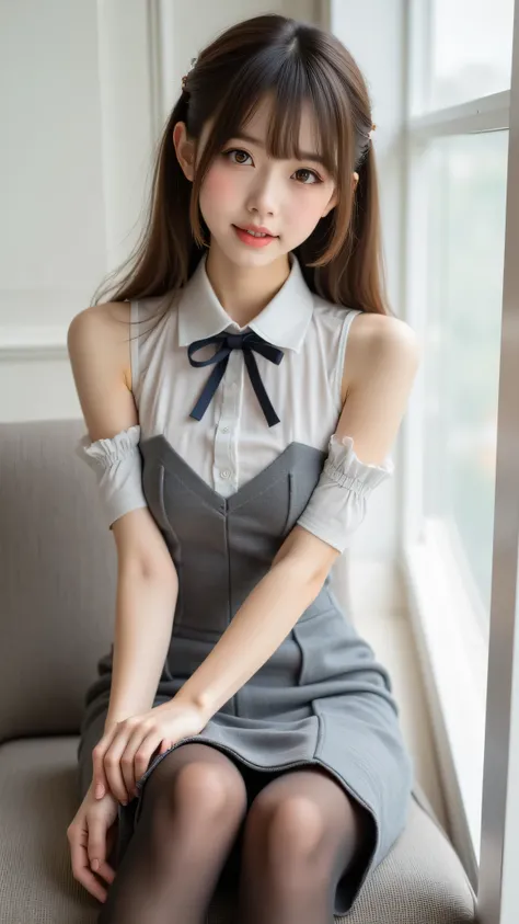 1girl,Pure Japanese Business Girl,open  shoulders allure short dress, high heels, skirt for ears, (Panties and pantyhose), formal hairstyle, Formal Makeup, Striking large brown eyes, pure smile, is sitting, Open Your Legs Wide,   Sweet Temptation  , profes...