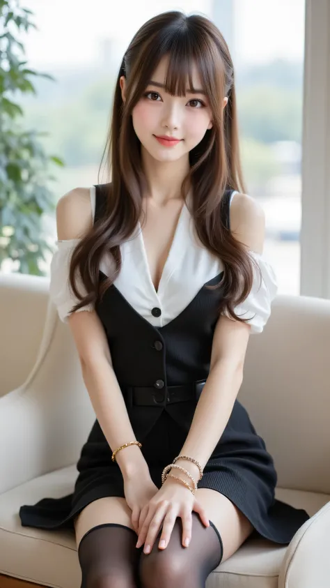 1girl,Pure Japanese Business Girl,open  shoulders allure short dress, high heels, skirt for ears, (Panties and pantyhose), formal hairstyle, Formal Makeup, Striking large brown eyes, pure smile, is sitting, Open Your Legs Wide,   Sweet Temptation  , profes...