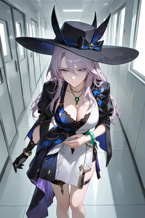 jade, black brim hat, necklace, bangle, single glove, thigh strap, pale purple hair,

Solo, general, masterpiece, highres, ultra-detailed, hyper-detailed, best quality,  amazing quality, very aesthetic, best hands, best eyes, best hand
adult woman, 1Woman,...