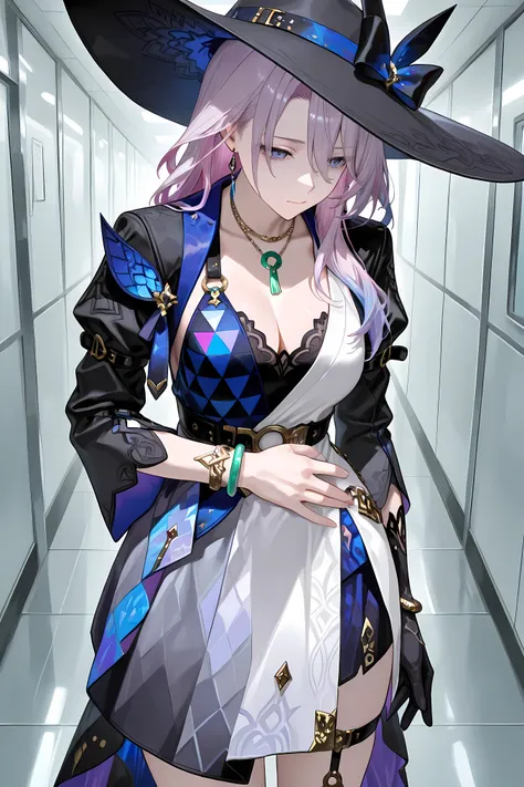 jade, black brim hat, necklace, bangle, single glove, thigh strap, lilac color hair, upper body close up

Solo, general, masterpiece, highres, ultra-detailed, hyper-detailed, best quality,  amazing quality, very aesthetic, best hands, best eyes, best hand
...