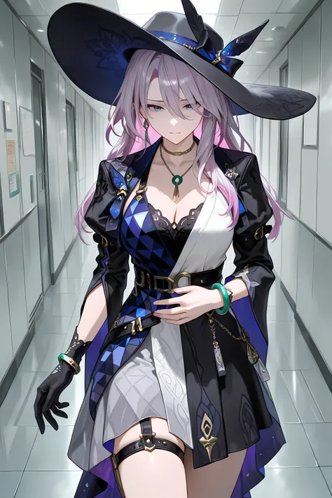 jade, black brim hat, necklace, bangle, single glove, thigh strap, lilac color hair, cowboy shot, 

Solo, general, masterpiece, highres, ultra-detailed, hyper-detailed, best quality,  amazing quality, very aesthetic, best hands, best eyes, best hand
adult ...