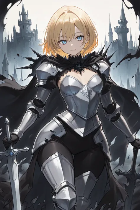 (masterpiece, Best Quality: 1.2), Ultra Detailed, HDR-10, (Soft Colors), (beautiful eyes, detailed eyes:1.2),1girl, golden hair, short hair, blue eyes, smile, Silver armor, Silver sword, Black castle, Darkness, medium chest, wide hips, Dynamic pose, Black ...