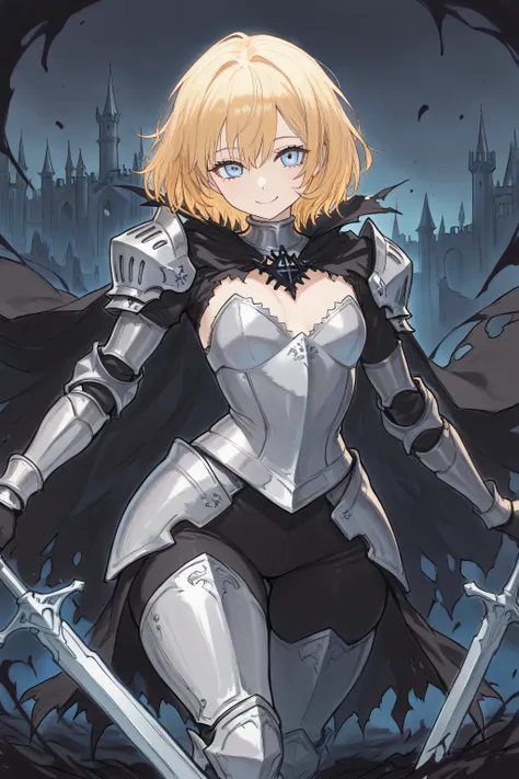(masterpiece, Best Quality: 1.2), Ultra Detailed, HDR-10, (Soft Colors), (beautiful eyes, detailed eyes:1.2),1girl, golden hair, short hair, blue eyes, smile, Silver armor, Silver sword, Black castle, Darkness, medium chest, wide hips, Dynamic pose, Black ...