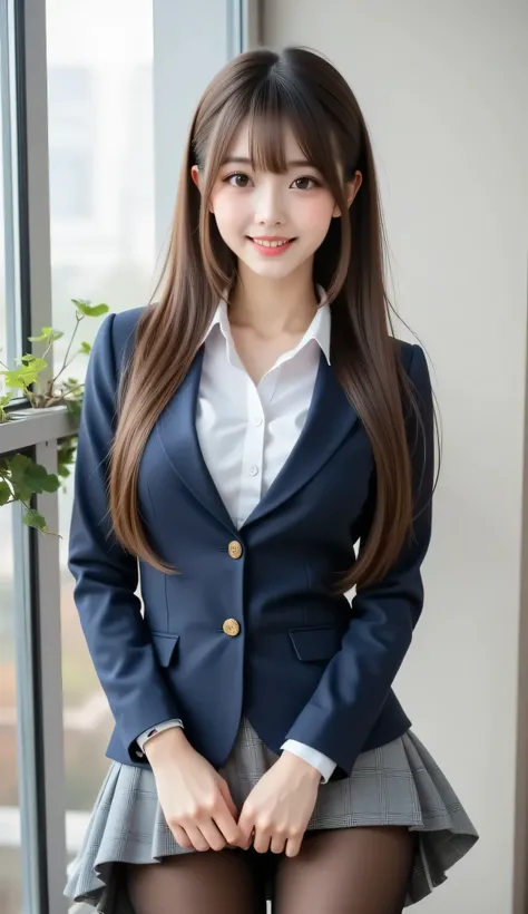 1girl,Pure Japanese Business Girl, wearing a formal business suit, high heels, skirt for ears, (Panties and pantyhose), formal hairstyle, Formal Makeup, Striking large brown eyes, pure smile, sexy patterns allure transparent-dark stocking, Open Your Legs W...