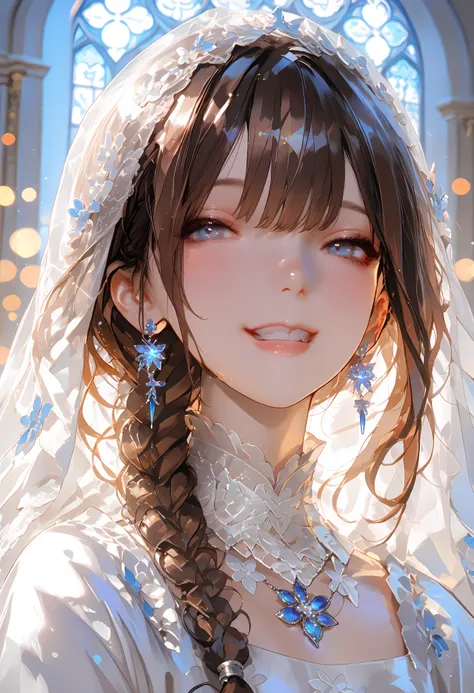 The Veiled Bride、graceful behavior、big smile、Dark Dawn、holy church background、High Quality、portrait、Photo、HDR、bokeh effect、Delicate Hues,((最High Quality)), (very detailed), (High Definition CG Composite 8K Wallpaper), 高いly detailed, 高い-definition raw colb...
