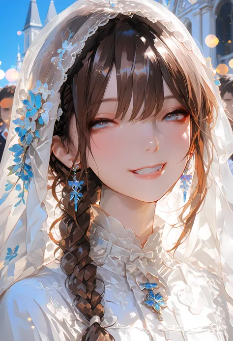 The Veiled Bride、graceful behavior、big smile、Dark Dawn、holy church background、High Quality、portrait、Photo、HDR、bokeh effect、Delicate Hues,((最High Quality)), (very detailed), (High Definition CG Composite 8K Wallpaper), 高いly detailed, 高い-definition raw colb...