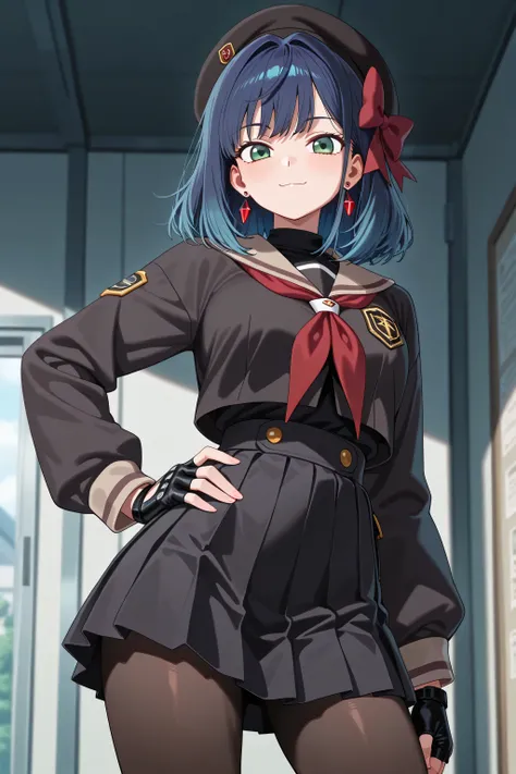 masterpiece, 4K, 8K, 16K, highres, absurdres,best quality, amazing quality, newest, very aesthetic,source_anime,anime illustration,akane kurokawa, bangs, green eyes, blue hair, medium hair, dark blue hair, black beret, hair bow, earrings, red neckerchief, ...