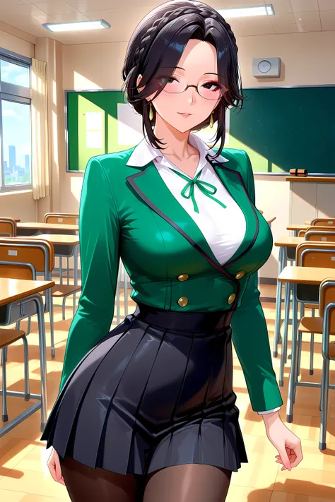 sidemap, side of the sky.
She is beautiful、I'm an Obscene Mature Woman.
dark eyes, long upward eyeliner.
Black Haired Crown Braid, I can see my eyes through my hair, Red-rimmed Glasses.
white collar shirt, emerald green ribbon , Emerald Green Black Trim J...