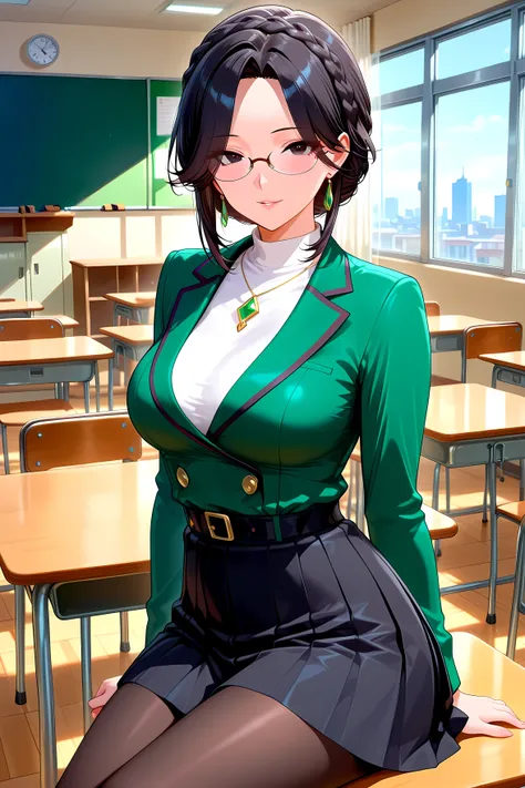 sidemap, side of the sky.
She is beautiful、I'm an Obscene Mature Woman.
dark eyes, long upward eyeliner.
Black Haired Crown Braid, I can see my eyes through my hair, Red-rimmed Glasses.
white collar shirt, emerald green ribbon , Emerald Green Black Trim J...