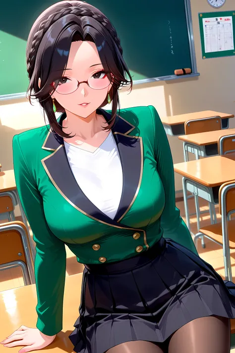 sidemap, side of the sky.
She is beautiful、I'm an Obscene Mature Woman.
dark eyes, long upward eyeliner.
Black Haired Crown Braid, I can see my eyes through my hair, Red-rimmed Glasses.
white collar shirt, emerald green ribbon , Emerald Green Black Trim J...