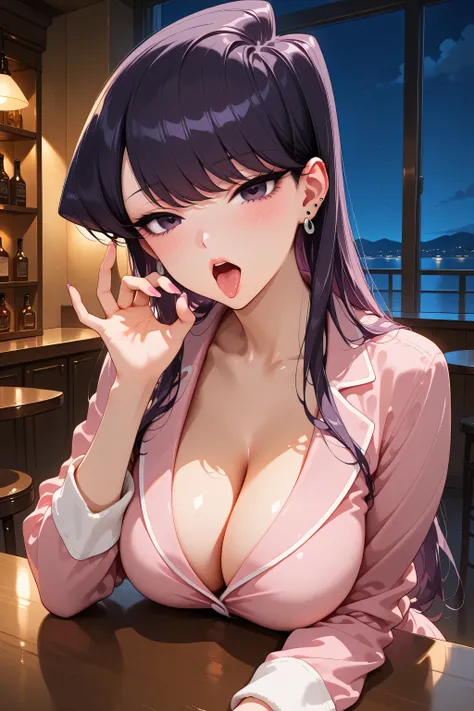 masterpiece, best quality, amazing quality, highres, absurdres, very aesthetic, high resolution, ultra detailed, perfect details, 1girl, indoors, (night:1.3), bar_(place), Large breasts, Komi Shouko, purple eyes, long hair, purple hair, bangs, earrings, ea...