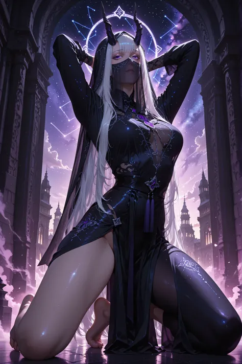 score_9, score_8_up, score_7_up, masterpiece, top quality, super detail, bright color, dim lighting, cinematic lighting, Seris Vritra, elegant black bodycon dress, full face veil, black veil covering her face, long sleeves, neck jewelry, White hair, very ...
