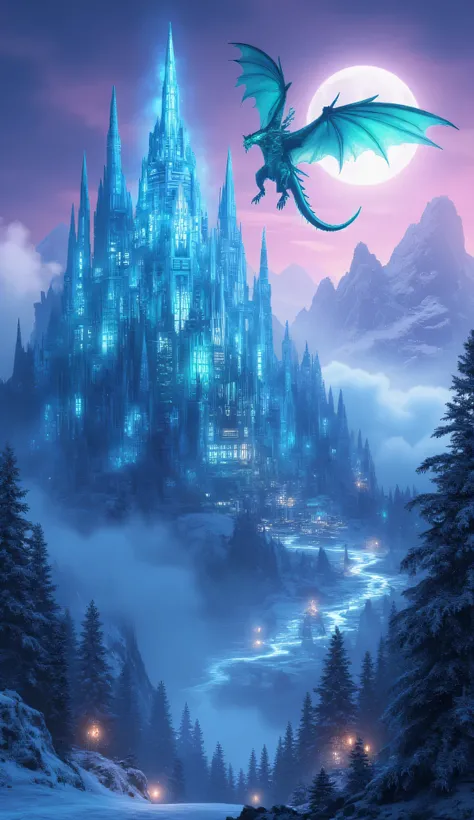 Majestic ice-crystal castle with intricate geometric architecture atop snow-covered mountain peak glowing with ethereal blue magical flames illuminating translucent walls from within, giant emerald dragon with iridescent scales and massive wingspan soaring...
