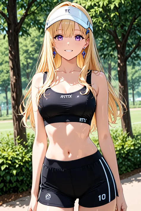 1girl, solo, KJOsaki, blonde hair, purple eyes, long hair, hair ornament, earrings, sidelocks,l, black sports bra, white visor cap, Parks, trees,
,, .
,..
,( masterpiece, best quality, high resolution, ultra high resolution, pixel perfect, depth of fie...