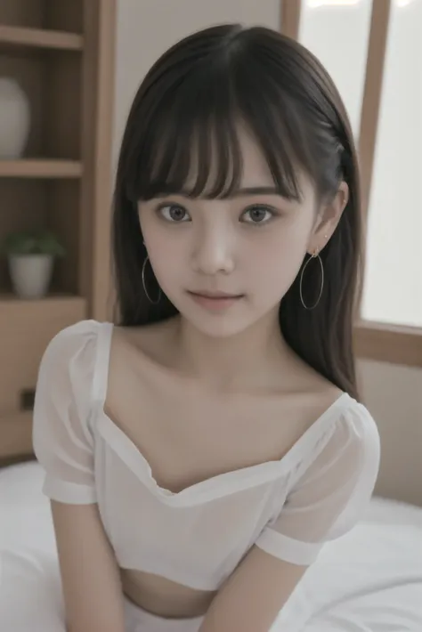 ( Expressing Maximum Joy with the Whole Body : 1.5),(  Dark Red Shiny School Bow on Her Chest  : 1.0),(16 year old cute japanese girl: 1.0),4K,かわいいyounger女の子,slender,short,skinny,slender body,younger,(cute earrings),(Neat Girly White Short Sleeve School Bl...