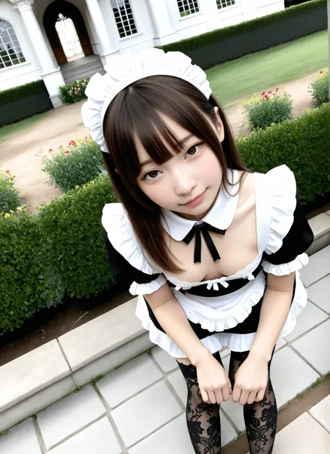 (Biological Corpse Factory)、maids,Look at the audience,(skinny:0.79),(younger:0.82),from above,(medium breasted:0.60),に付けたblack lace stockings,lean forward,japanese,(Smile Yang:0.47),black lace stockings