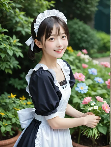 (1人のかわいいyounger日本人の女の子), maids, is watering flowers outside the mansion, black lace stockings, viewers,(smile:0.58), (younger:0.95),(skinny:0.83),(big boobs:0.78),The girl looks at me and smiles faintly,From the side
