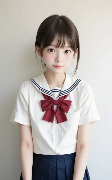 ( photo  author：mr. nomi:1.5),( white skin:1.5),cute girl,n current  ,Slender,thin body,かわいいyounger女の子,skinny,score_7_ up,score_8_ up,score_9,small breasts,school uniform,toddler wearing top_body,sunlight,japanese,short,short hair,  thin shoulders,thin arm...