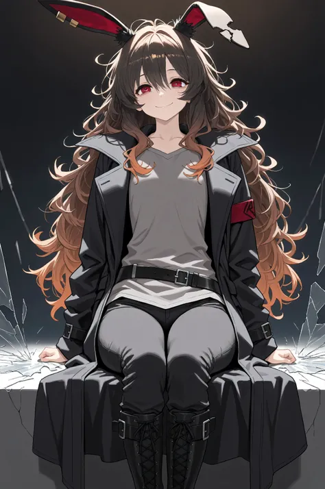 (masterpiece, Best Quality: 1.2), Ultra Detailed, HDR-10, (Soft Colors), (beautiful eyes, detailed eyes:1.2),1girl, mature, brown hair, long hair, black hair, gradient hair, red eyes, (Baggy eyes), smile, messy hair, Shiny hair, Medium height, Bunny ears, ...