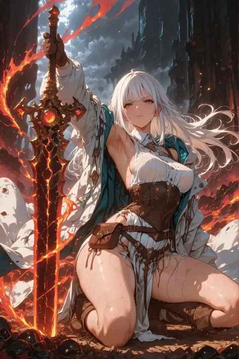 masterpiece, best quality, 8k, 1girl, fantasy character, on one knee, legs apart, white dress shirt, backless outfit, lowleg, loincloth, (wind blows), glove, boots, curvy body, medium breasts, perky breasts, long coat with hoodie, long hairstyle, thin whit...