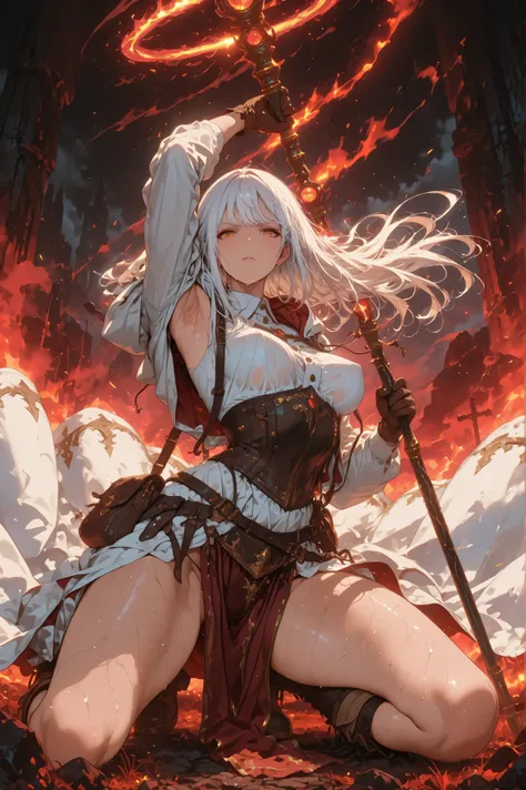 masterpiece, best quality, 8k, 1girl, fantasy character, on one knee, legs apart, white dress shirt, backless outfit, lowleg, loincloth, (wind blows), glove, boots, curvy body, medium breasts, perky breasts, long coat with hoodie, long hairstyle, thin whit...