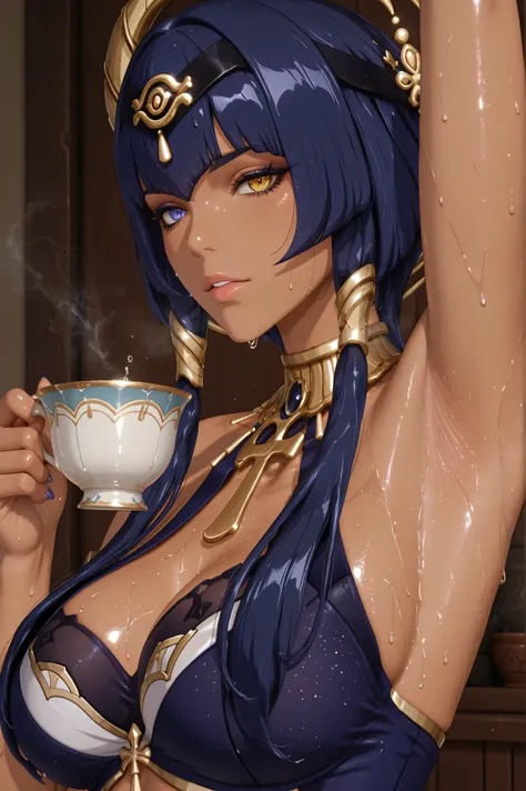 ,Suchwet, ,cute face,smell your armpit,Smelly Armpits 、armpit close-up、 Armpit close-up、sweat springs out of my armpits、holding a teacup in hand、Bring a teacup under your armpit、armpit sweat overflowing from the armpits is dripping down the teacup、the insi...