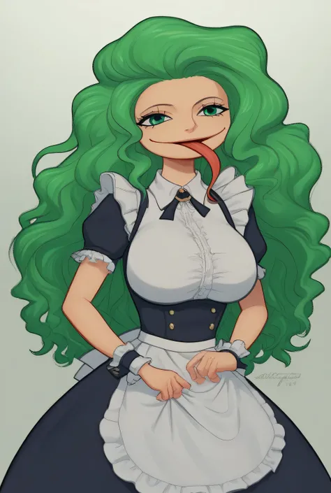  score_9 , score_8_up , score_7_up , masterpiece , best quality , highly detailed, BoaSandersoniaOP, 1girl, solo, tall woman, disproportionately large head, wide head, green hair, long hair, wavy hair, green eyes, wide mouth, long forked tongue, tongue out...
