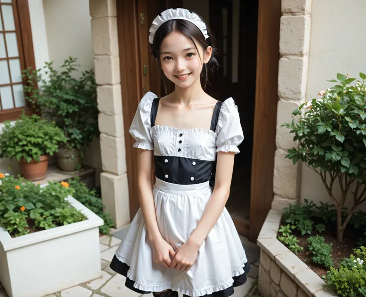 (Biological Corpse Factory)、maids,Look at the audience,(skinny:1.04),(younger:0.97),from above,(medium breasted:0.62),に付けたblack lace stockings,lean forward,japanese,(Smile Yang:0.84),black lace stockings,take off your clothes and show your breasts