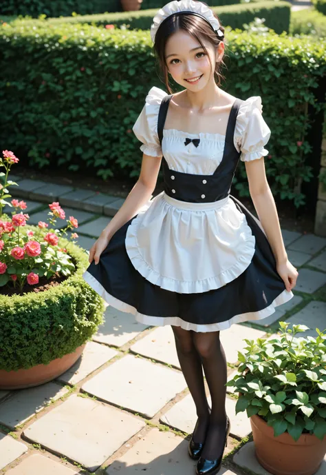 (Biological Corpse Factory)、maids,Look at the audience,(skinny:1.04),(younger:0.97),from above,(medium breasted:0.62),に付けたblack lace stockings,lean forward,japanese,(smile Yang:0.84),black lace stockings