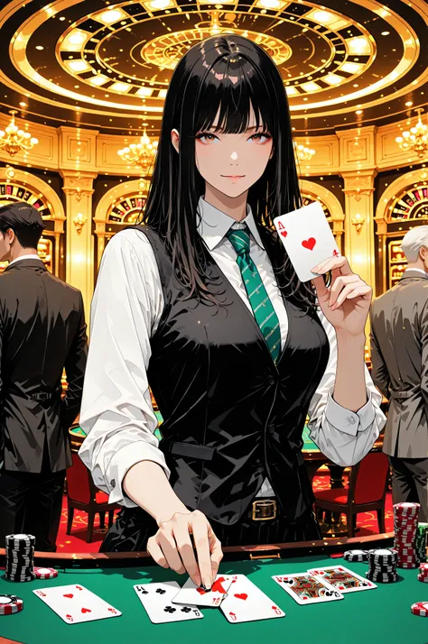high school girl, dealer, Casino Table,dealer, Casino Table, Roulette, holding playing cards in hand, suit vest, shirt, necktie, 