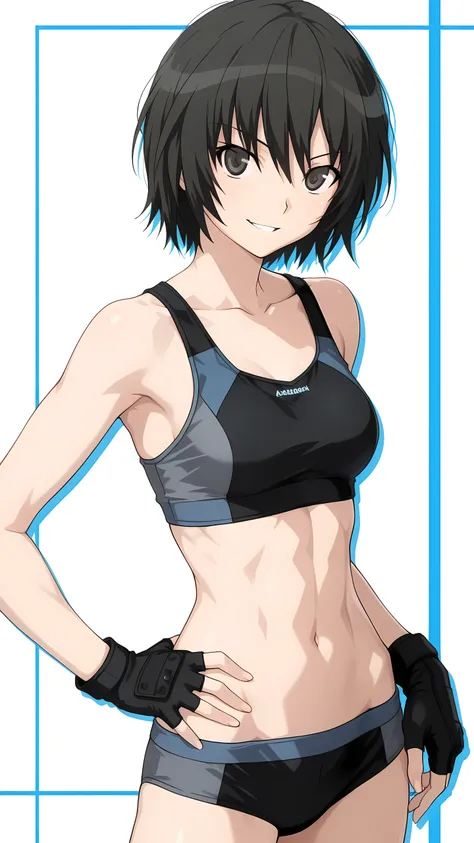 amagamiai, nanasaki ai, black hair, short hair, black eyes, medium breasts,, solo, (black based blue lined sports bra, black based blue lined boy-leg cut underwear, black fingerless gloves), serious grin, (toned slender body, slim waist), looking at viewer...