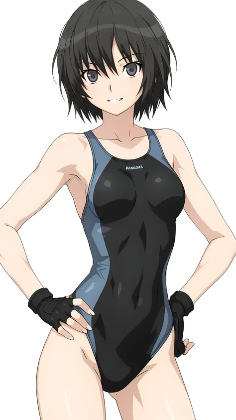 amagamiai, nanasaki ai, black hair, short hair, black eyes, medium breasts,, solo, (competition swimsuit, black fingerless gloves), serious grin, (toned slender body, slim waist), looking at viewer, extremely detailed eyes and face, hand on hip, focus face...