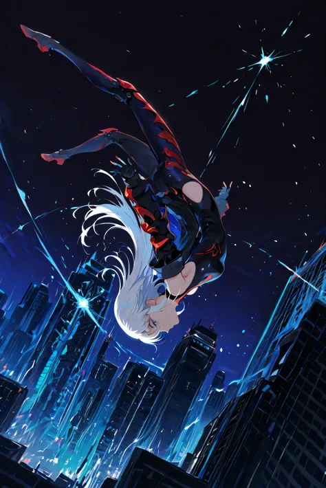 masterpiece, high resolution, an anime girl, armored girl, cute face, detailed face, very long hair, white hair, blue eyes, from below, low angle, from side, profile, skydiving, upside-down, dynamic angle, dynamic action, ((falling down a skyscraper)), fly...